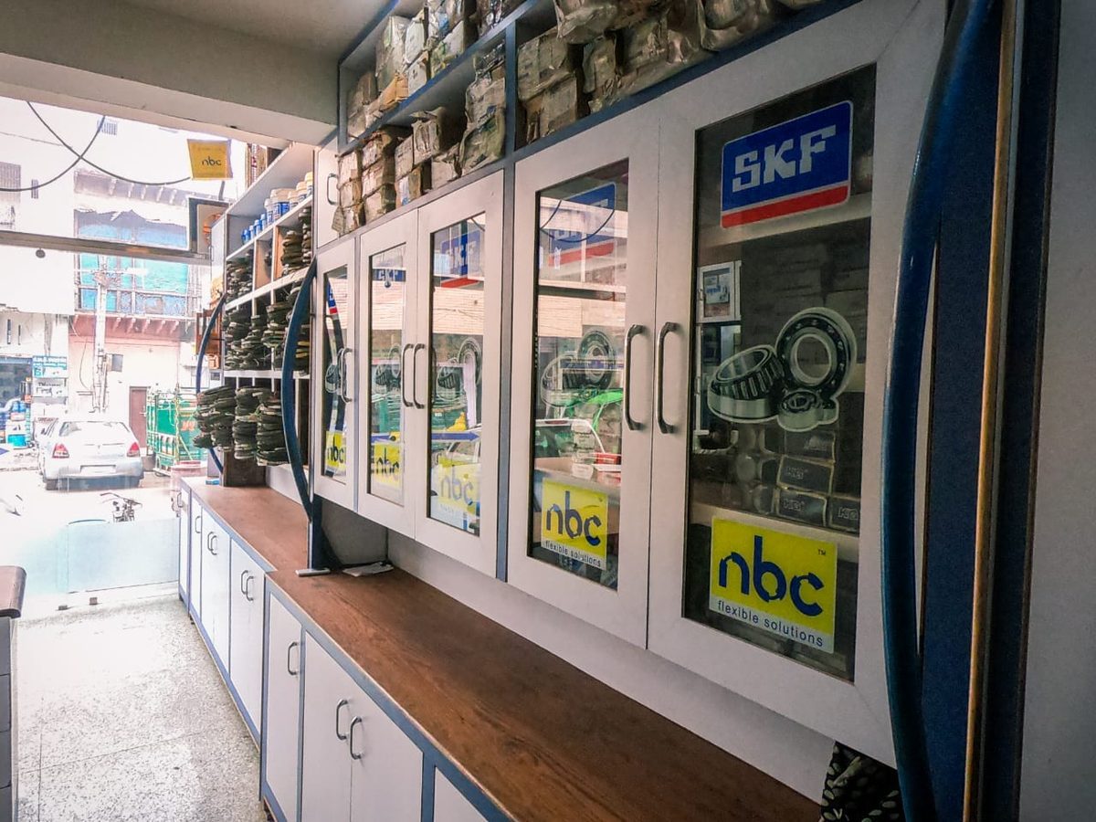 SKF and NBC bearing cabinets at Padam Chand Bearing showing organized inventory
