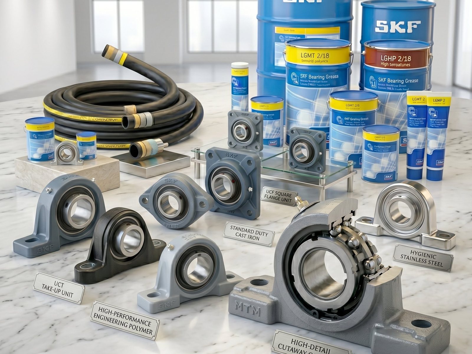 SKF bearing greases (LGMT, LGHP, LGMP), UCP and UCF pillow block housings, and industrial rubber hose — Padam Chand Agra