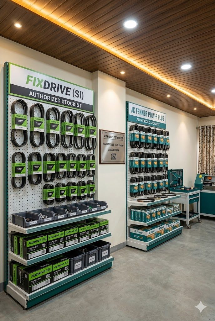 V-belt wall at Padam Chand Bearing in Belanganj Agra showing Fixdrive and JK Fenner inventory